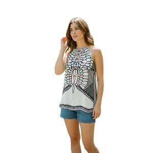 Vestique Tank Top Womens Small Multicolor Geometric Halter Open Back Summer